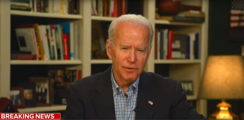 WILMINGTON, DE., -Former Vice President, Joe Biden speaks to the media through video chat from his home in Wilmington, DE. (SCREEN GRAB FROM CNN)