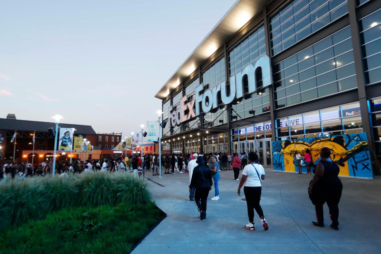 Fans wait in line outside FedExForum for the LL Cool J-led F.O.R.C.E. Live Tour at the FedExForum in Memphis, Tenn., on Aug. 22, 2023.