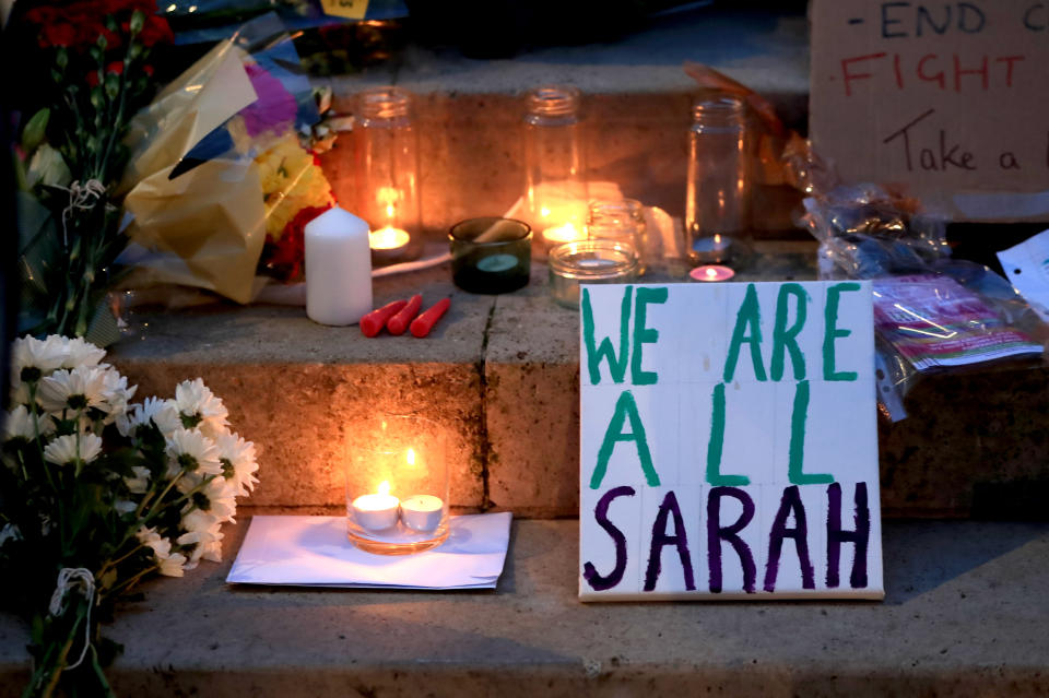 Candles, messages and flowers left on the steps of the Parkinson Building at the University of Leeds in West Yorkshire, during a Reclaim These Streets vigil for Sarah Everard. Serving police constable Wayne Couzens, 48, has appeared in court charged with kidnapping and murdering the 33-year-old marketing executive, who went missing while walking home from a friend's flat in south London on March 3. Picture date: Saturday March 13, 2021.