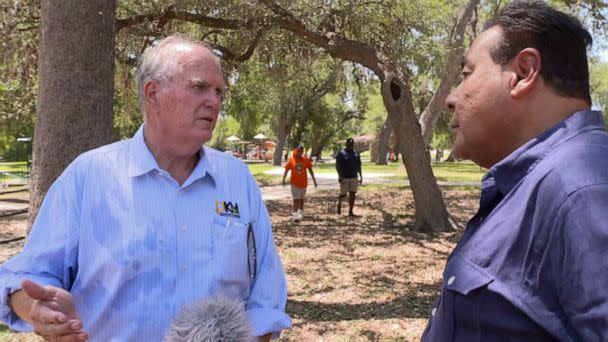 PHOTO: The Houston Astros visited Uvalde six weeks after the horrific mass shooting at Robb Elementary School, bringing gifts and honoring the community members. ABC News' John Quinones speaks with Uvalde mayor Don McLaughlin. (ABC News)