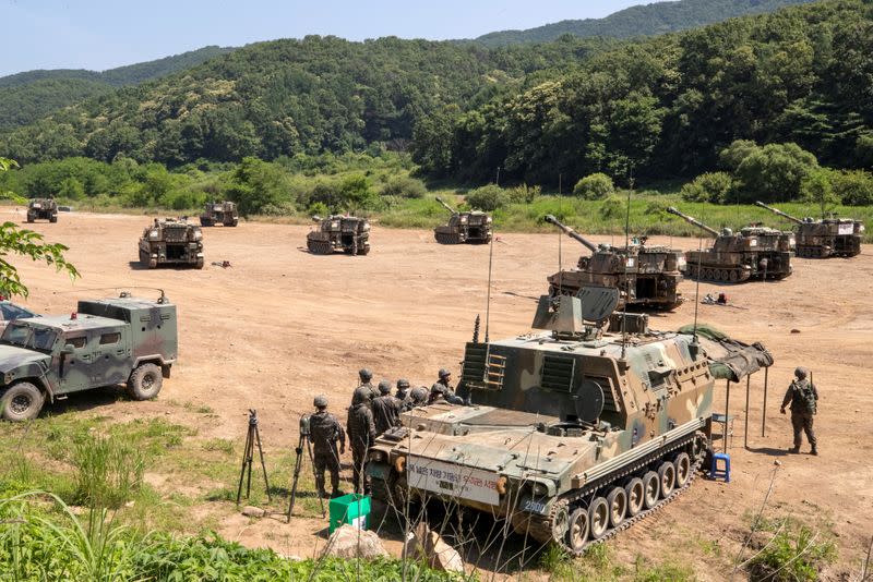 South Korean soldiers take part in a live fire exercise near the demilitarized zone separating the two Koreas in Paju