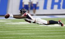 <p>Atlanta Falcons wide receiver Taylor Gabriel stretches but is unable to catch the pas during the first half of an NFL football game against the Detroit Lions, Sunday, Sept. 24, 2017, in Detroit. (AP Photo/Duane Burleson) </p>