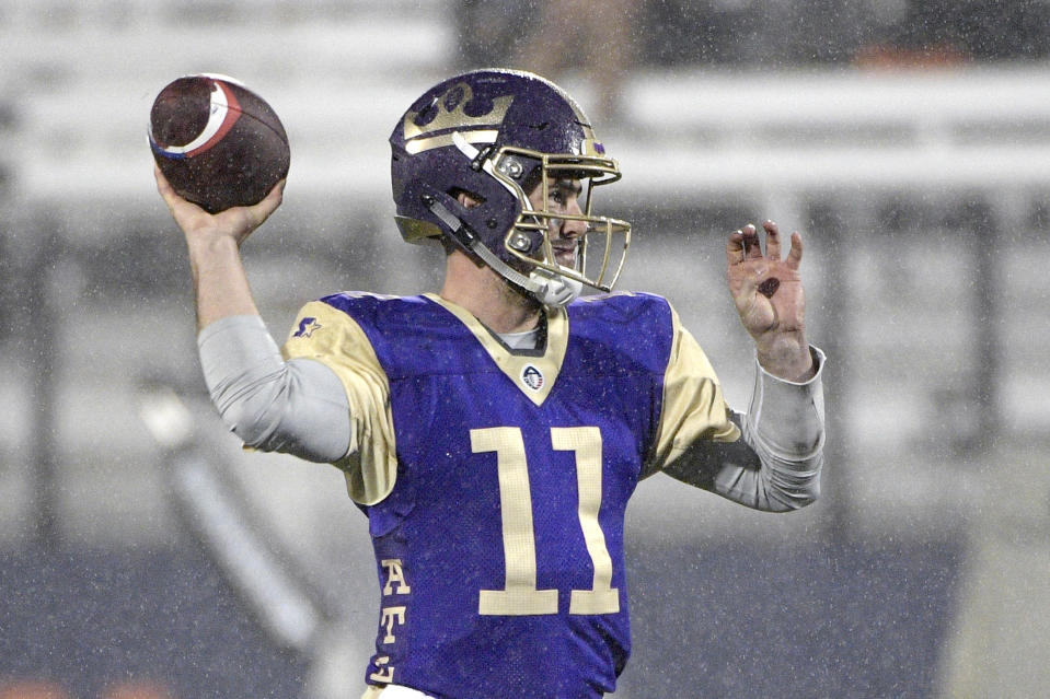 Atlanta Legends quarterback Aaron Murray throws a pass during the second half of an Alliance of American Football game against the Orlando Apollos on Saturday, Feb. 9, 2019, in Orlando, Fla. (AP Photo/Phelan M. Ebenhack)