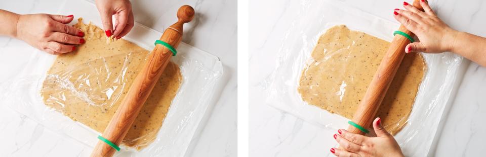 Left: Rolling your dough to the same size as the templates will help maximize cutouts. Patch any misshaped dough and roll it smooth. Right: Roll cookie dough between parchment and plastic wrap (reusing what you used to wrap the dough), to prevent sticking and avoid the need for additional bench flour. A thin, flexible cutting board underneath helps to shuttle the dough to and from the freezer. For a uniform dough, these ¼-inch spacers are a dream.