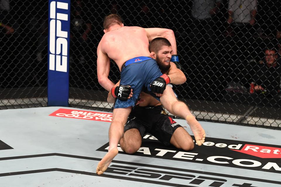 Khabib takes down Gaethje (Zuffa LLC via Getty Images)