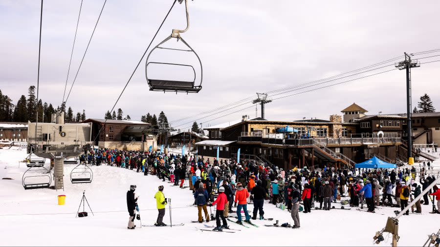 A crowd of skiers gather at Mammoth Mountain for the beginning of the 2023-24 ski season on Nov. 10, 2023. (Mammoth Mountain)