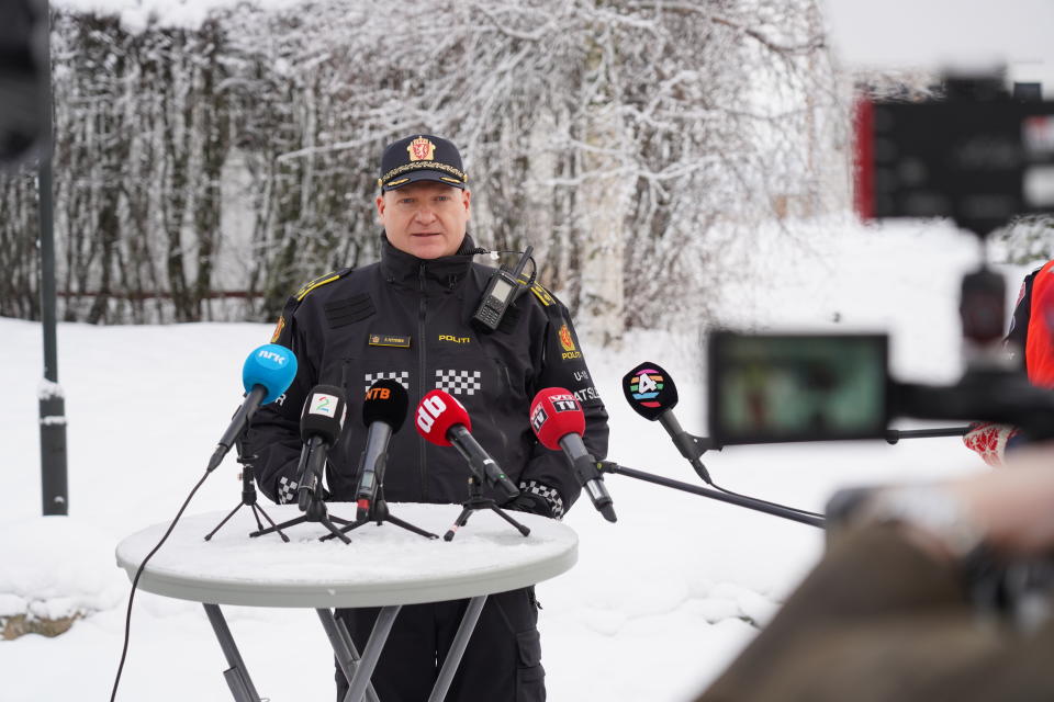 The police task force leader, Roger Pettersen, holds a press briefing in Ask, after a major landslide, Thursday Dec. 31, 2020. A landslide smashed into a residential area near the Norwegian capital Wednesday, injuring at least 10 people, leaving 21 unaccounted for and destroying several homes, authorities said. Some 700 people were evacuated amid fears of further landslides. (Ole Berg-Rusten/NTB via AP)