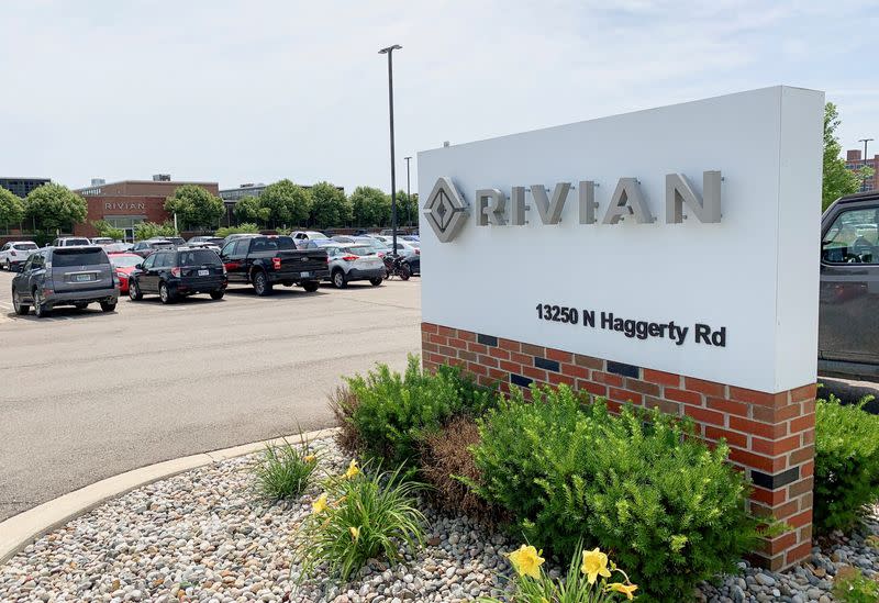 FILE PHOTO: A Rivian Automotive sign outside the electric truck maker's facility, in Plymouth, Michigan