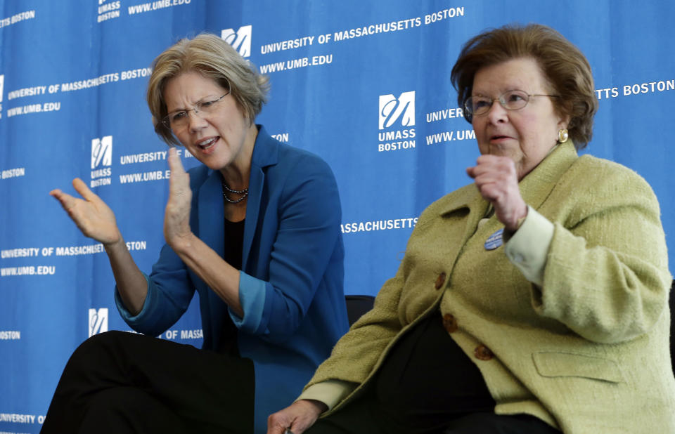 Democratic U.S. Senate candidate Elizabeth Warren, left, applauds as U.S. Sen. Barbara Mikulski, D-Md., gestures during a campaign event at University of Massachusetts-Boston, Friday, Oct. 26, 2012. (AP Photo/Elise Amendola)