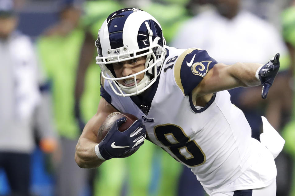 Los Angeles Rams wide receiver Cooper Kupp carries the ball against the Seattle Seahawks during an NFL football game, Thursday, Oct. 3, 2019, in Seattle. (AP Photo/Stephen Brashear)