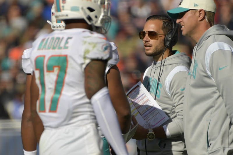 Miami Dolphins head coach Mike McDaniel (C) led the team to a 10-4 record through 15 weeks. File Photo by Mark Black/UPI