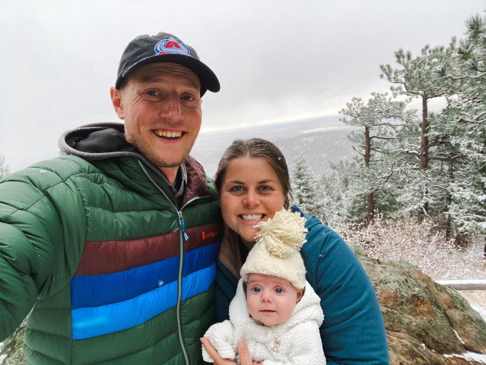 Dalton Hessel, 28, with his wife Claire and daughter Mia on a family trip to Colorado.