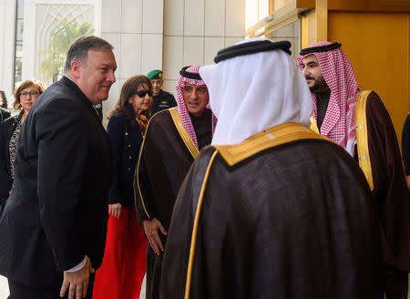 U.S. Secretary of State Mike Pompeo (L) is received by Saudi's Minister of State for Foreign Affairs Adel al-Jubeir in Riyadh, Saudi Arabia January 14, 2019. Andrew Caballero-Reynolds/Pool via REUTERS