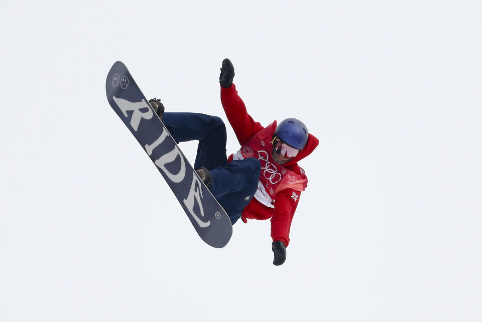 Billy Morgan, of Great Britain, jumps during the men’s Big Air snowboard competition at the 2018 Winter Olympics in Pyeongchang, South Korea, Saturday, Feb. 24, 2018. (AP Photo/Matthias Schrader)