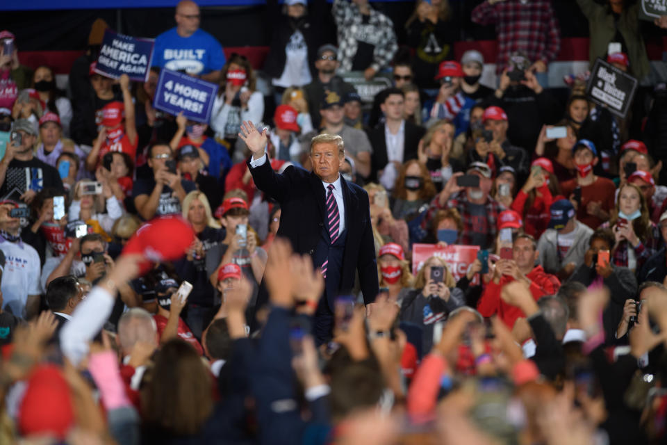 MOON TOWNSHIP, PA - SEPTEMBER 22: President Donald Trump speaks at a campaign rally at Atlantic Aviation on September 22, 2020 in Moon Township, Pennsylvania. Trump won Pennsylvania by less than a percentage point in 2016 and is currently in a tight race with Democratic nominee, former Vice President Joe Biden. (Photo by Jeff Swensen/Getty Images)