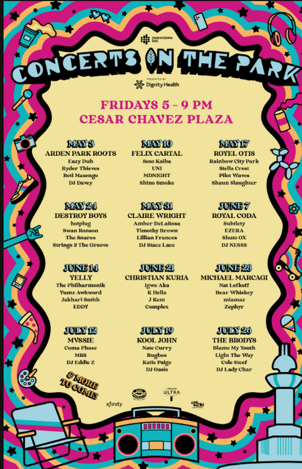 Concerts in the Park’s weekly lineup for 2024. The free outdoor music festival runs every Friday from May 3 to July 26.