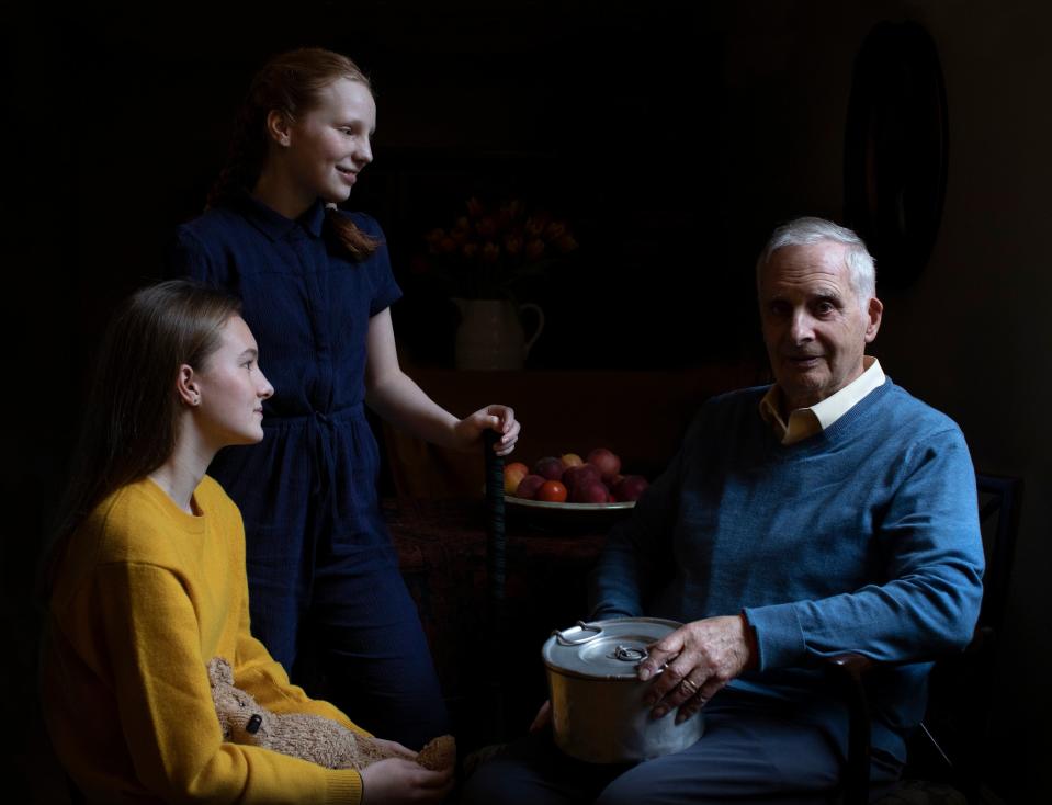 The Duchess of Cambridge’s portrait of Steven Frank, aged 84, with his granddaughters Maggie and Trixie. Steven survived multiple concentration camps as a child. (Duchess of Cambridge / Imperial War Museum)