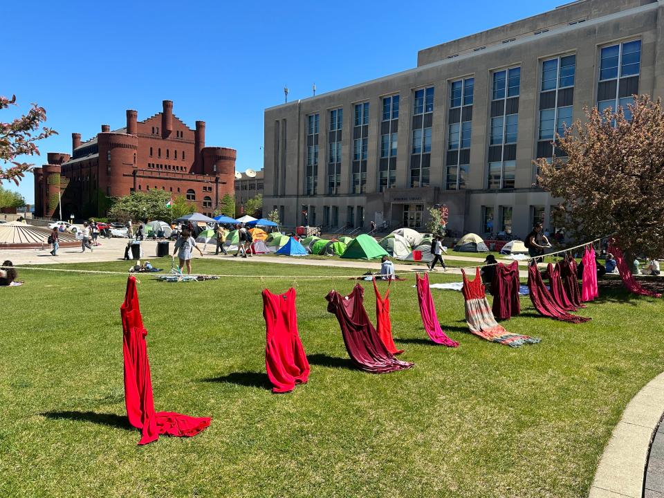 Red and pink dresses were displayed on UW-Madison's Library Mall May 5, 2024, as part of Red Dress Day, which raises awareness of missing and murdered Indigenous women and girls. It did not appear affiliated with the Pro-Palestinian encampment.