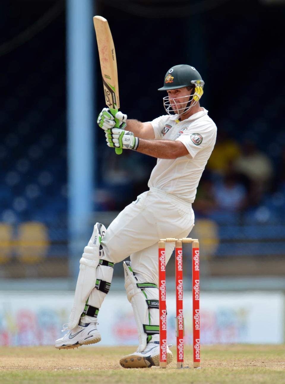 Australian batsman Ricky Ponting plays a shot during the fourth day of the second-of-three Test matches between Australia and West Indies April 18, 2012 at Queen's Park Oval in Port of Spain, Trinidad.