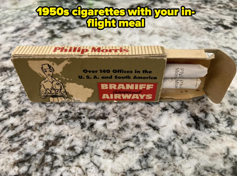 Vintage Philip Morris cigarette pack with Braniff International Airways branding, advertising "Over 140 Offices in the U.S.A. and South America."