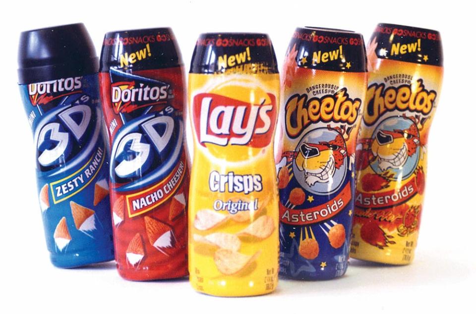 Frito-Lay Go Snacks, including Lay's chips and Cheetos in plastic tubes, appear against a white background