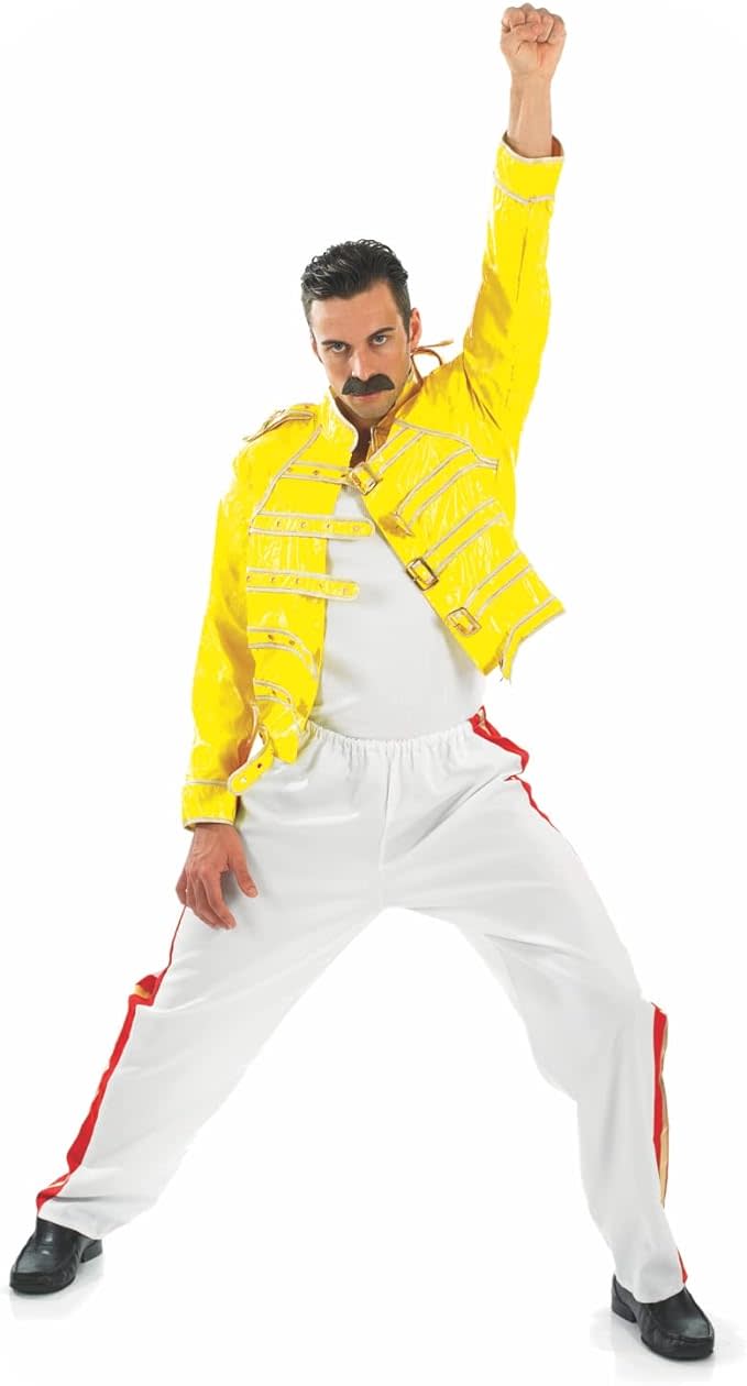 model wearing yellow jacket with white top and white and red pants