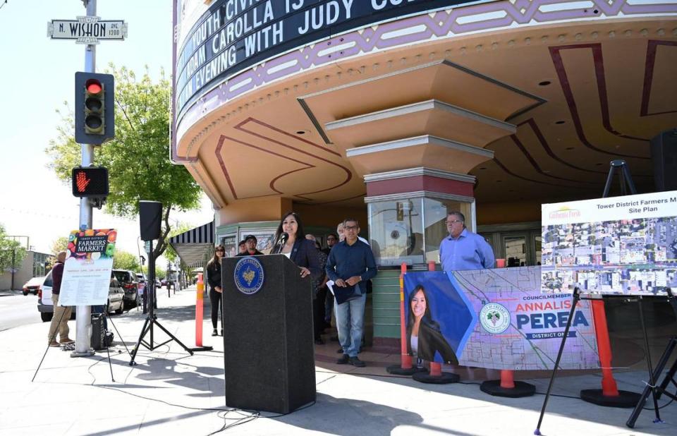 Fresno City Councilmember Annalisa Perea, center, announces the new Tower District Farmers Market to be held weekly starting April 20 on Olive Avenue during a press conference Wednesday, April 19, 2023 in Fresno. The market will take place from 5pm-9pm. ERIC PAUL ZAMORA/ezamora@fresnobee.com