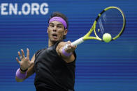 Rafael Nadal, of Spain, returns a shot to Daniil Medvedev, of Russia, during the men's singles final of the U.S. Open tennis championships Sunday, Sept. 8, 2019, in New York. (AP Photo/Adam Hunger)