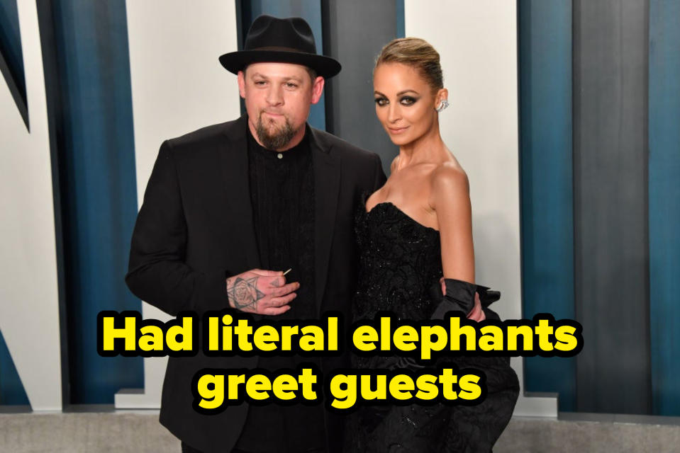Picture of Joel Madden and Nicole Richie on the red carpet labeled "had literal elephants greet guests"