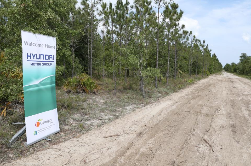 A Hyundai Motor Group banner is placed outside the megasite, future home of the EV plant.