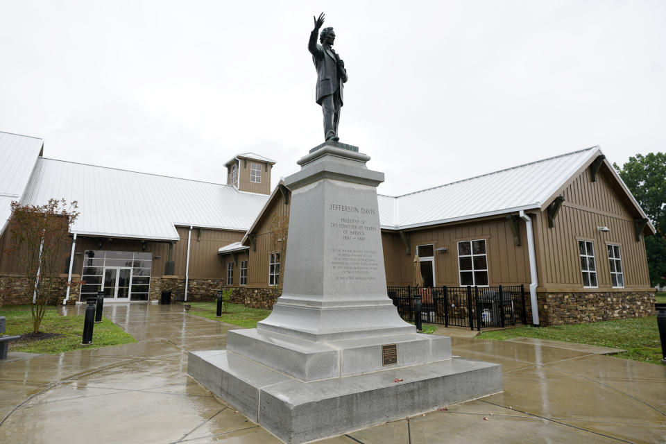 A statue of Jefferson Davis, who served as the president of the Confederate States from 1861 to 1865, stands outside the National Confederate Museum June 6, 2021, in Columbia, Tenn. With the approval of relatives, the remains of Confederate Gen. Nathan Bedford Forrest will be moved from Memphis, Tenn., to the museum. (AP Photo/Mark Humphrey)