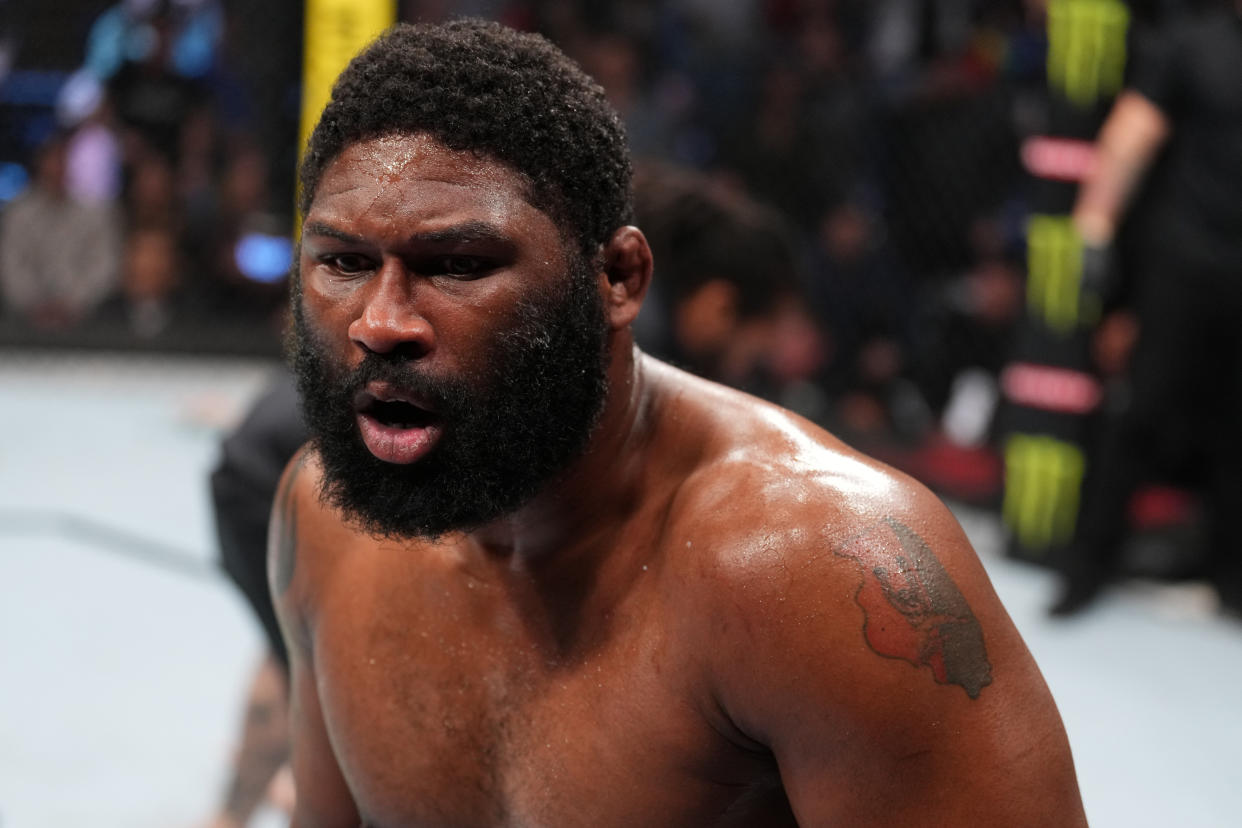 Curtis Blaydes celebrates his KO victory over Chris Daukaus in a heavyweight fight during a UFC Fight Night event on March 26, 2022. (Josh Hedges/Zuffa LLC)