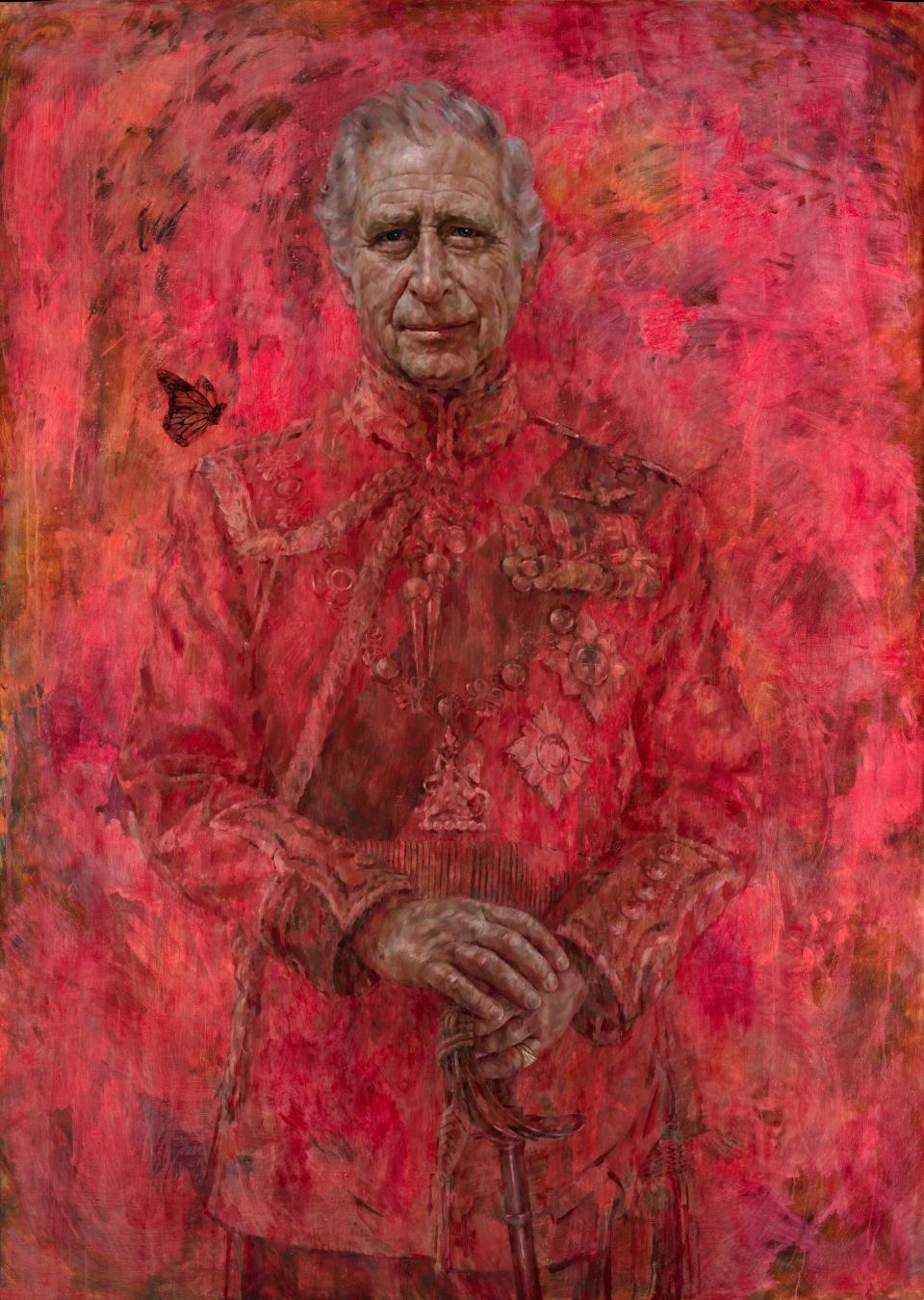 The artist said the background was intented to distract from the King’s Welsh Guards uniform (His Majesty King Charles III by Jonathan Yeo 2024/PA Wire)
