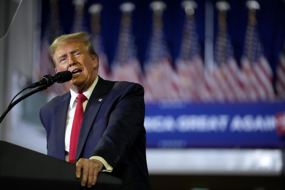 Republican presidential candidate former President Donald Trump speaks at a Get Out The Vote rally at Coastal Carolina University in Conway, S.C., Saturday, Feb. 10, 2024. (AP Photo/Manuel Balce Ceneta)