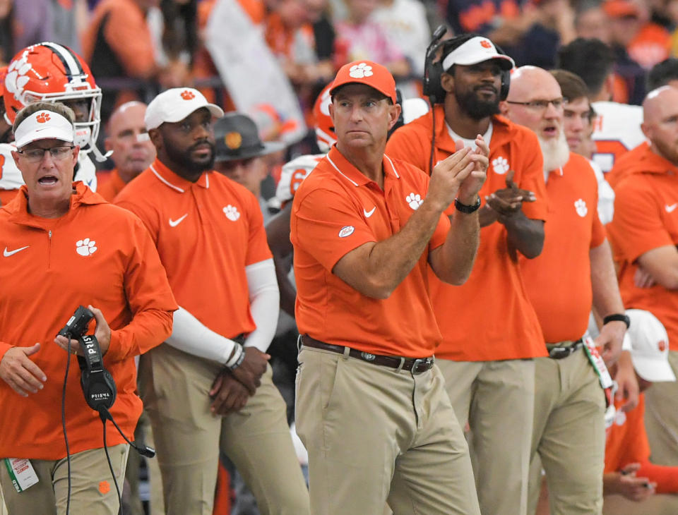 Sep 30, 2023; Syracuse, New York, USA; Clemson head coach Dabo Swinney reacts in the fourth quarter against Syracuse at JMA Wireless Dome. Mandatory Credit: Ken Ruinard-USA TODAY Sports