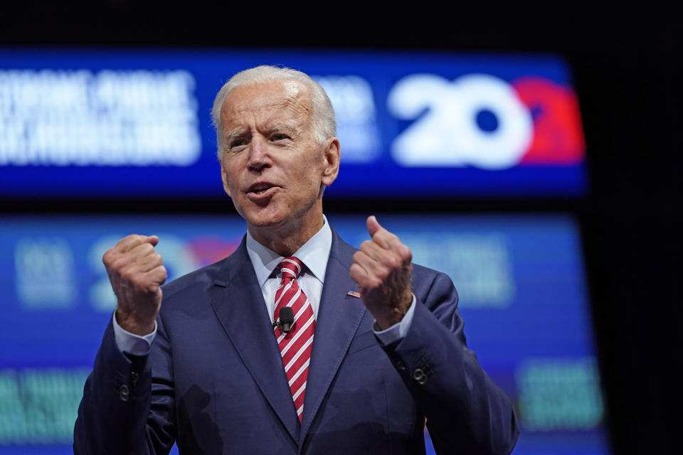 FILE - In this July 5, 2019, file photo, Democratic presidential candidate and former vice president Joe Biden speaks during the National Education Association Strong Public Schools Presidential Forum in Houston. Biden and South Bend Mayor Pete Buttigieg represent the generational poles of the crowded Democratic presidential primary. Biden is hoping Democratic voters see his decades of experience as the remedy for Trump’s presidency. Buttigieg argues that the moment calls for the energy of a new generation. (AP Photo/David J. Phillip, File)