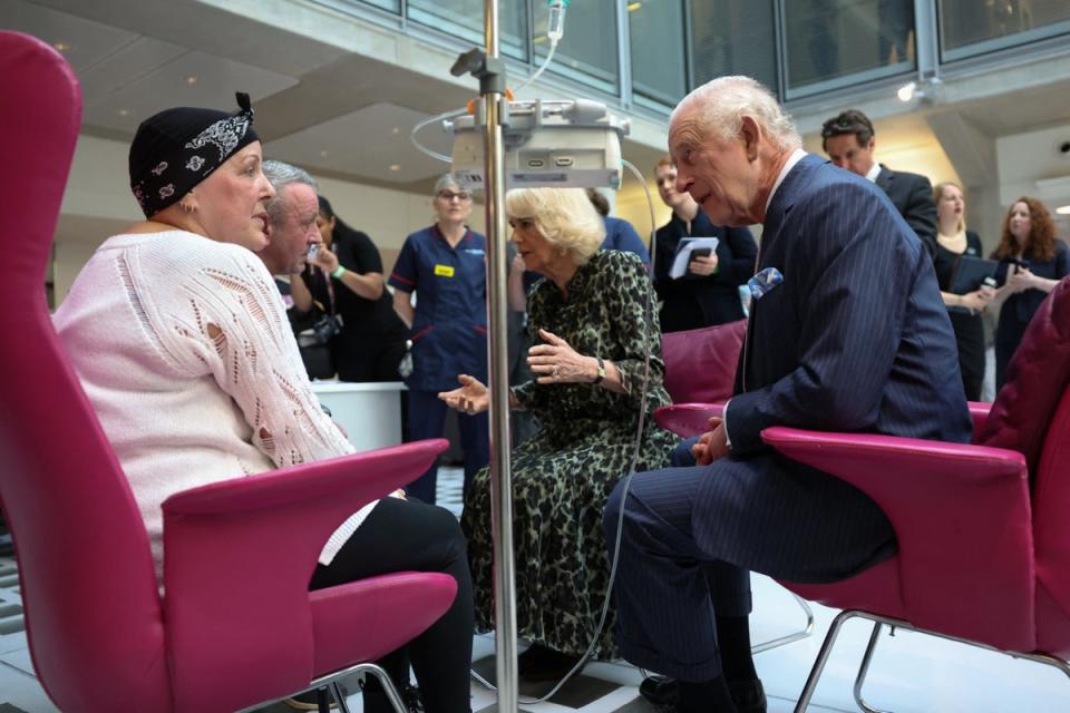 King Charles III and Queen Camilla meet with Lesley Woodbridge, patient receiving the second round of chemotherapy for sarcoma (Getty Images)