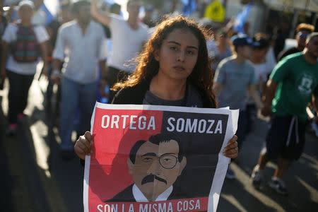 A demonstrator holds a sign showing Nicaraguan President Daniel Ortega and former President Anastasio Somoza during a protest against police violence and the government of President Ortega in Managua, Nicaragua April 23, 2018. REUTERS/Jorge Cabrera