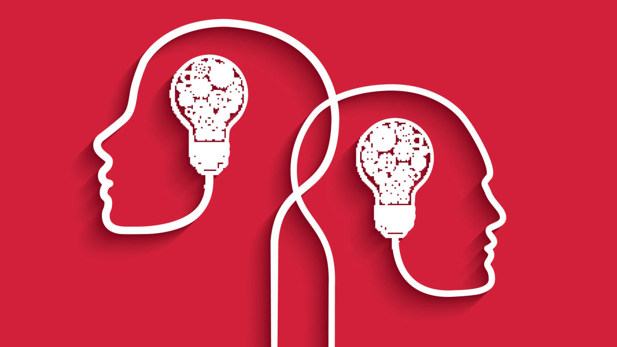  Human heads with light bulbs and gears on red background. 