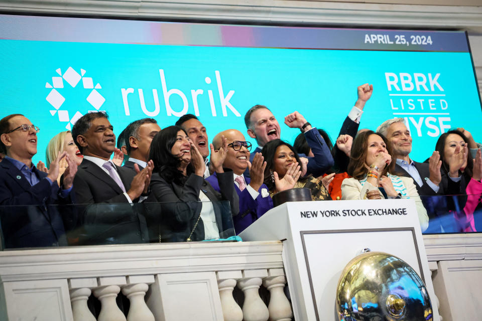 Bipul Sinha, CEO, Chairman and Co-Founder of Rubrik Inc., the Microsoft-backed cybersecurity software startup, rings the opening bell during his company's initial public offering on the New York Stock Exchange (NYSE) in New York City, United States, April 25, 2024 .  REUTERS/Brendan McDermid