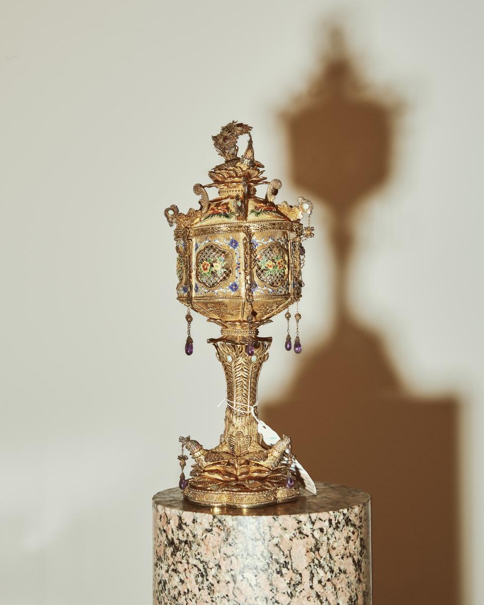 A Silver-gilt Enamel and Hardstone Mounted censer, placed on a granite pedestal.