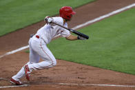 Cincinnati Reds' Shogo Akiyama grounds out in the second inning during a baseball game against the St. Louis Cardinals in Cincinnati, Monday, Aug. 31, 2020. (AP Photo/Aaron Doster)