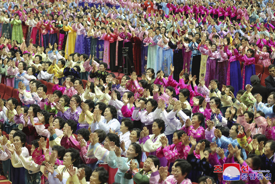 This photo provided by the North Korean government, North Korean women attend the National Mothers’ Meeting in Pyongyang, North Korea on Dec. 3, 2023. Independent journalists were not given access to cover the event depicted in this image distributed by the North Korean government. The content of this image is as provided and cannot be independently verified. Korean language watermark on image as provided by source reads: "KCNA" which is the abbreviation for Korean Central News Agency. (Korean Central News Agency/Korea News Service via AP)