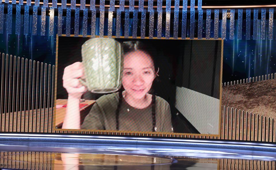 BEVERLY HILLS, CALIFORNIA: 78th Annual GOLDEN GLOBE AWARDS -- Pictured: ChloÃ© Zhao accepts the Best Director Motion Picture award for â€˜Nomadlandâ€™ via video at the 78th Annual Golden Globe Awards held at The Beverly Hilton and broadcast on February 28, 2021 in Beverly Hills, California. -- (Photo by Christopher Polk/NBC/NBCU Photo Bank via Getty Images)