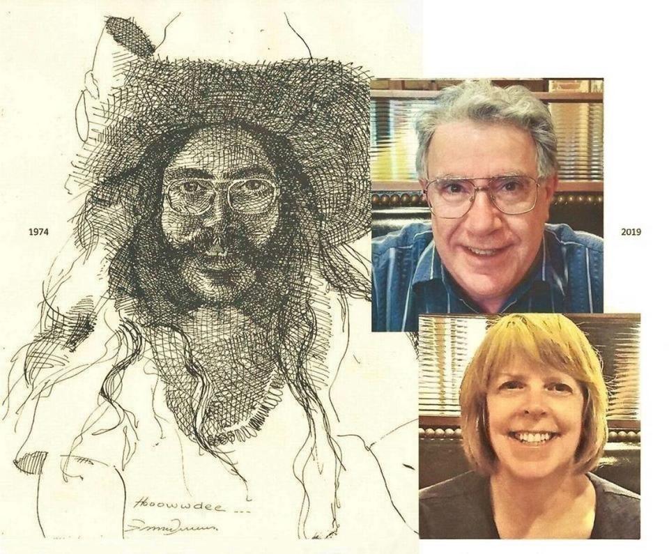 Harry Pincus, whose illustrations have appeared in publications from Screw magazine to The New York Times, drew the early portrait of Dennis Giangreco. It is juxtaposed with more current photos of him and his wife, Kathryn Moore, who also is an author.