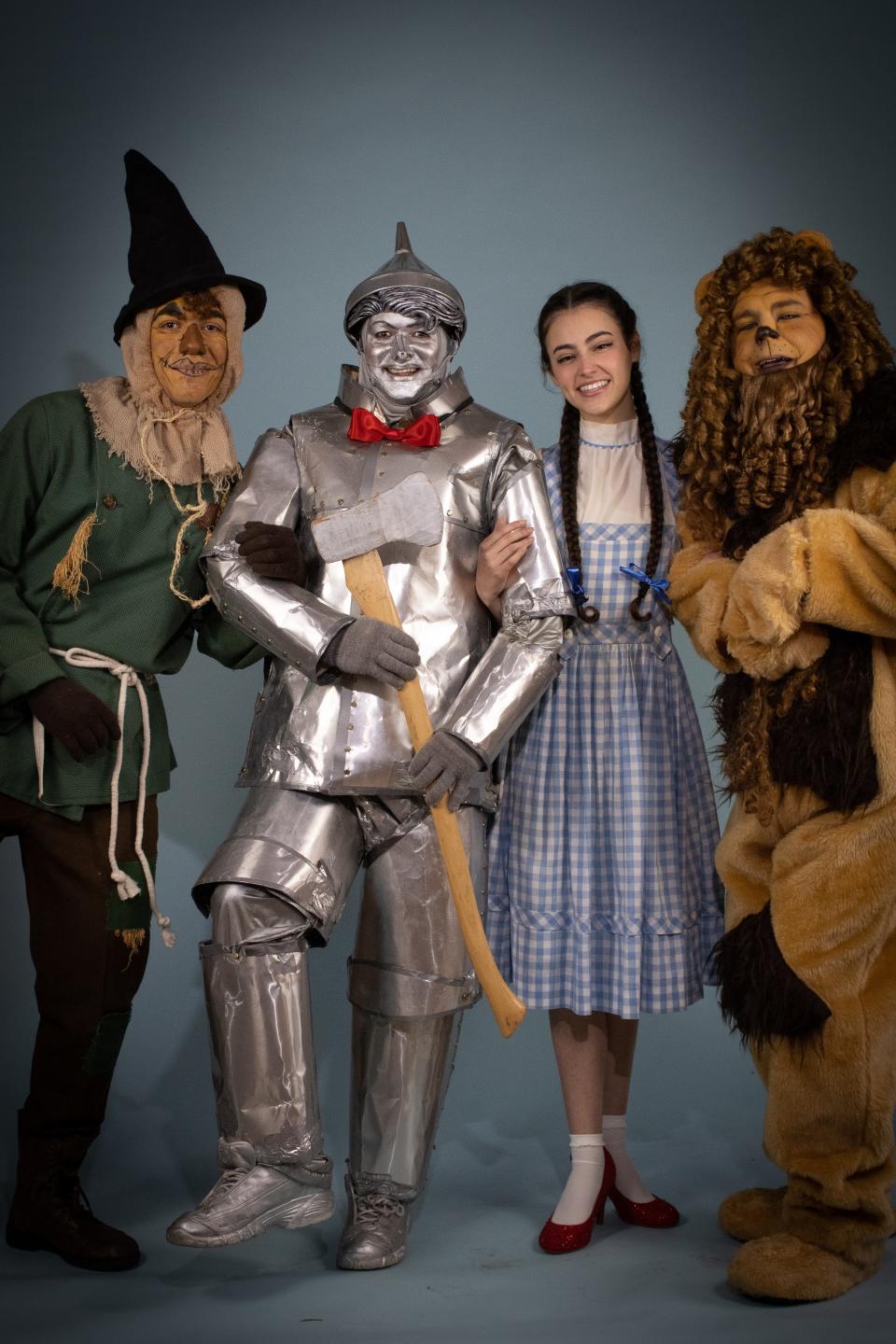 Anthony Nardulli as Scarecrow,  Dan Peterson as Tinman,  Emily Grace Pellecchia as Dorothy and Christopher Schmalbach as Lion in Phoenix Productions' "The Wizard of Oz."