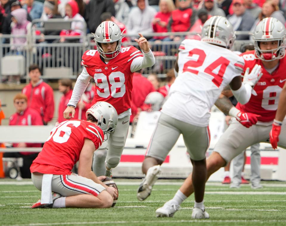 Ohio State Buckeyes place kicker Jake Seibert (98) kicks a field goal during the spring football game at Ohio Stadium in Columbus on April 16, 2022.