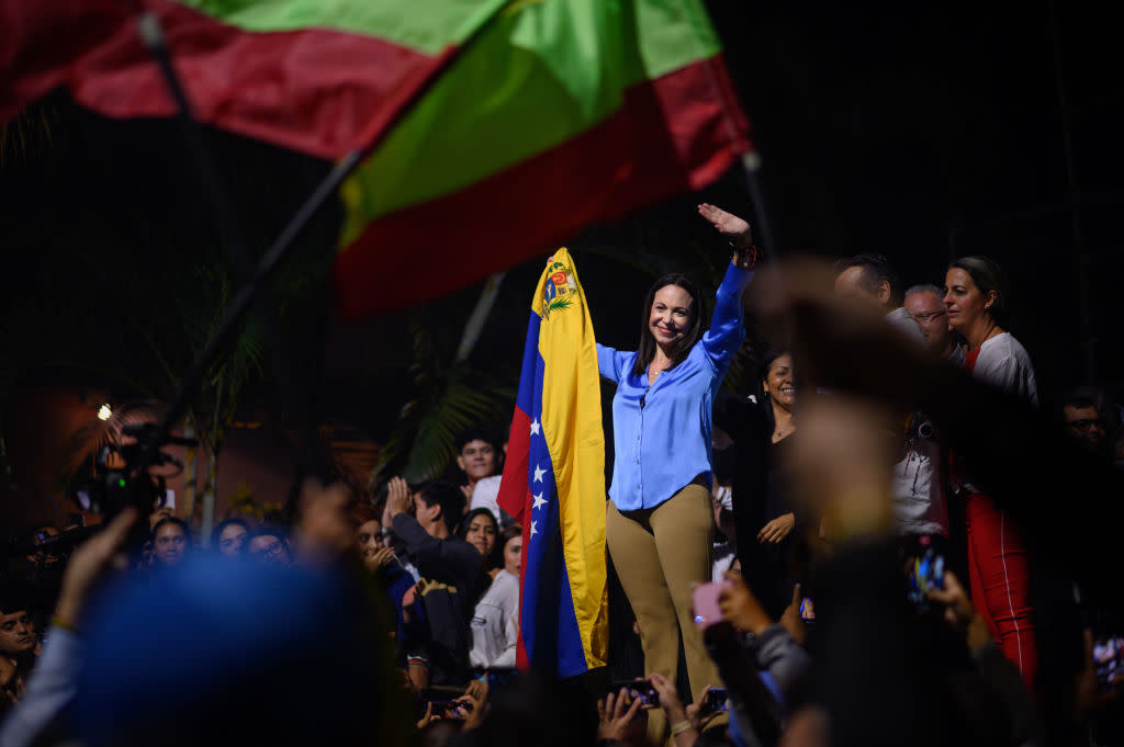  Maria Corina Machado, banned opposition presidential primary candidate for the Vente Venezuela party, celebrates during an election night rally in Caracas, Venezuela, on Sunday, Oct. 22, 2023. 