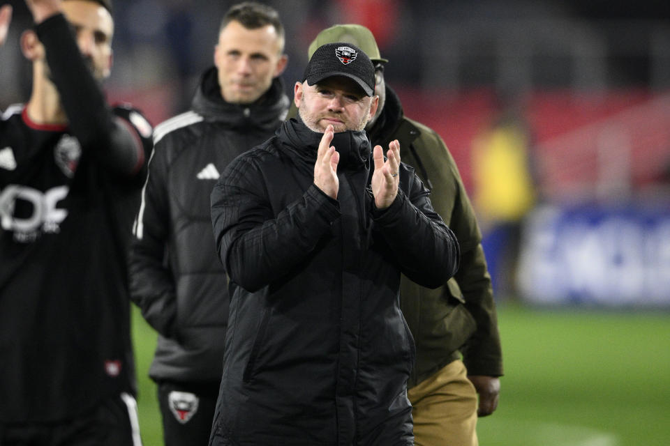 D.C. United head coach Wayne Rooney reacts after an MLS soccer match against Toronto FC, Saturday, Feb. 25, 2023, in Washington. (AP Photo/Nick Wass)
