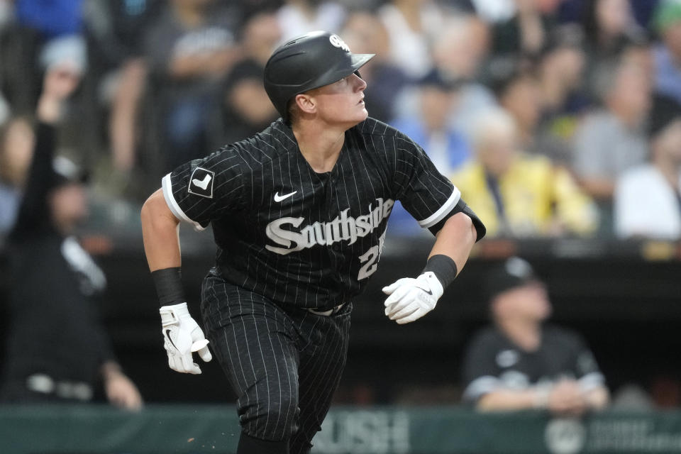 Chicago White Sox's Andrew Vaughn watches his two-run home run off New York Yankees starting pitcher Gerrit Cole during the second inning of a baseball game Monday, Aug. 7, 2023, in Chicago. (AP Photo/Charles Rex Arbogast)